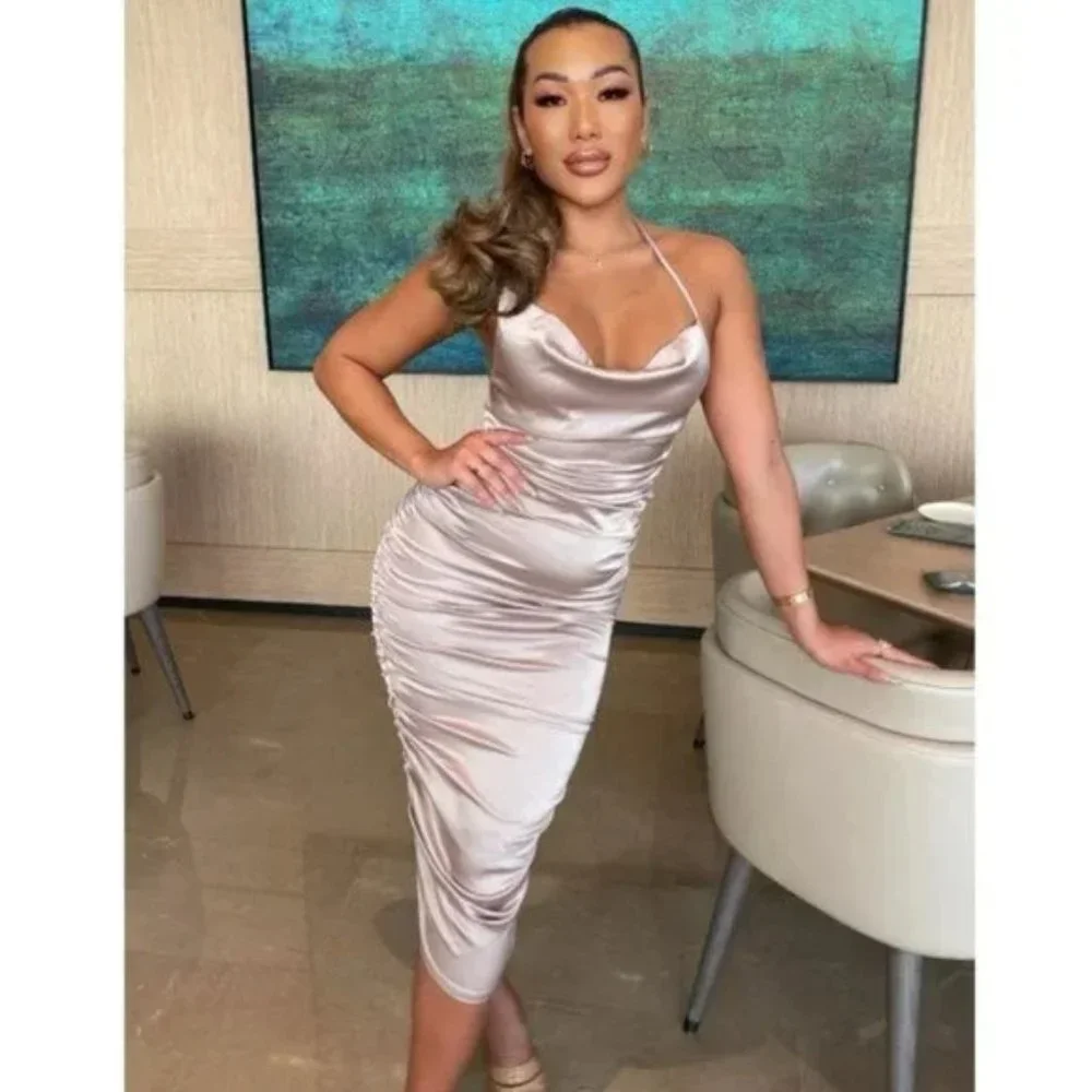 Nude Satin Sleeveless Halter Neck Cowl Neck Backless Ruched Bodycon Midi Dress - Picture 8 of 17